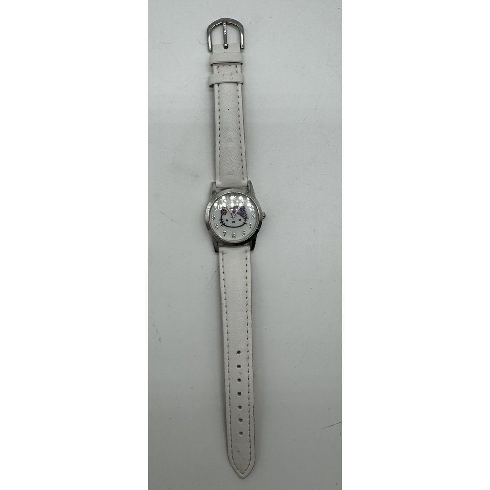 Sanrio Hello Kitty White Leather Strap Watch HKAQ5875H15 Japan Movt Floral Face